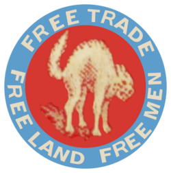 FREE TRADE FREE LAND FREE MEN (Georgist campaign button).svg