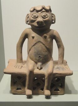 Male Figure seated on a bench, 1100-1400 AD, Carchi style, Carchi province, Ecuador, earthenware - Gardiner Museum, Toronto - DSC01199.JPG