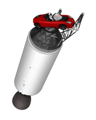 Illustration of Elon Musk's Tesla Roadster attached to the upper stage of a Falcon rocket, with a driver wearing a white-and-black spacesuit in the driving seat and the Earth visible in the background.