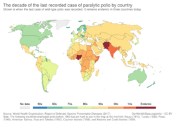 The decade of the last recorded case of paralytic polio by country, OWID.svg