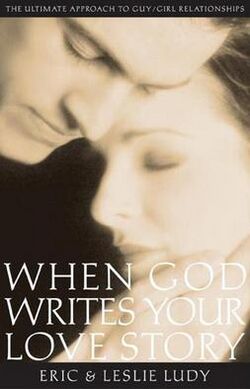 A sepia-tone, soft-focus photograph of two human faces, one male and one female. The words "WHEN GOD WRITES YOUR LOVE STORY" are superimposed in white.