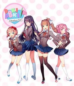 The four main characters pose in front of a white background dotted with pink polka dots. The game's logo sits in the top left corner.