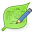 Logo for Leafpad, which depicts a blue pencil writing lines on a green leaf