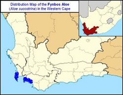 Map of Western Cape, South Africa showing highlighted range covering two areas in the extreme southwest