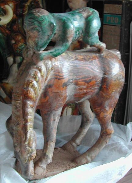 File:Marbleized Clay, Tri-Color Glazed of Monkey Piggy-Back on Horse.JPG