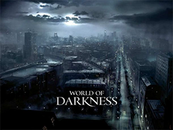 Artwork of a city at night, along with the "World of Darkness" logo.