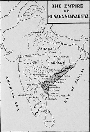 Map of India c. 753 CE. The Eastern Chalukya kingdom is shown on the eastern coast.