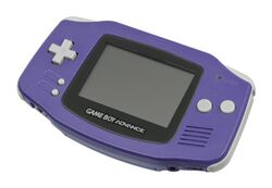 An indigo-colored Game Boy Advance (GBA), the handheld device Sonic Advance was developed for.
