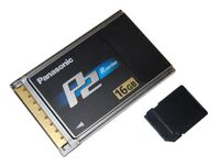 A 16 GB P2 card next to a Secure Digital card