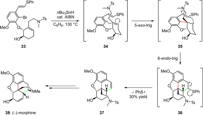 Scheme 7. Cascade radical cyclization in the synthesis of (–)-morphine
