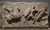 Slab from the Amazonomachy frieze from the Mausoleum at Halikarnassos, Mausoleum at Halicarnassus, British Museum (8244586177).jpg
