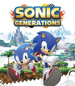 Cover art of Sonic Generations, depicting Classic (left) and Modern (right) variants of Sonic the Hedgehog running alongside each other in a warped version of Green Hill Zone. The game's logo is seen atop of them.
