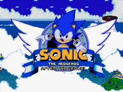 A cartoon hedgehog looks upward optimistically at the camera. He appears in a logo that forms the focal point of the screen and contains the text "Sonic the Hedgehog After the Sequel". The background consists of clouds over a shimmering ocean, with part of an island visible in the lower-right corner.
