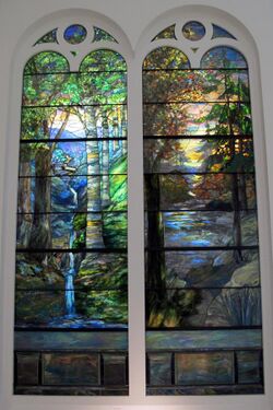 Studi tiffany, vetrate con alba nella foresta a primavera e tramonto autunnale, 1905.JPG