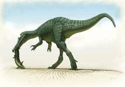 Colour drawing of a long-tailed dinosaur walking on its hind legs, with a fish in its mouth