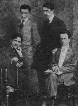 From left: Beldie, Nae Ionescu, Dem. Theodorescu and Spiru Hasnaș, photographed as staff members for Noua Revistă Română (1912)