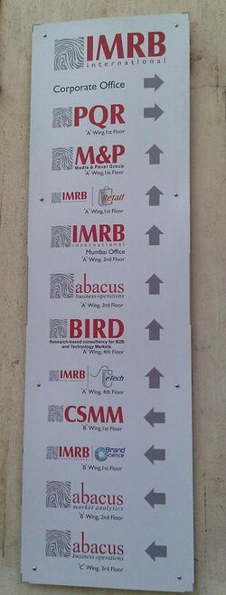 Sign Outside IMRB offices in Mumbai listing out its divisions.