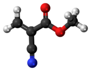 Ball-and-stick model of the methyl cyanoacrylate molecule