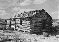 Black-and-white photo of log cabin with thatched roof
