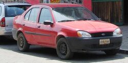 Ford Fiesta MK4 sedan, Casa de Madera Museum, Mexico (cropped).JPG