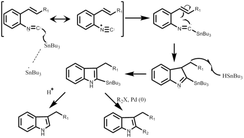 Step-wise mechanism of Fukuyama Indole Synthesis starting with the Isocyano substituent.