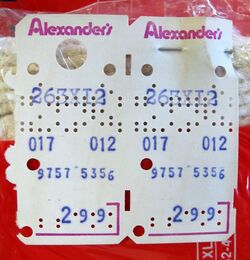 A Kimball tag pinned to a package of thermal underwear sold by Alexander's department store.