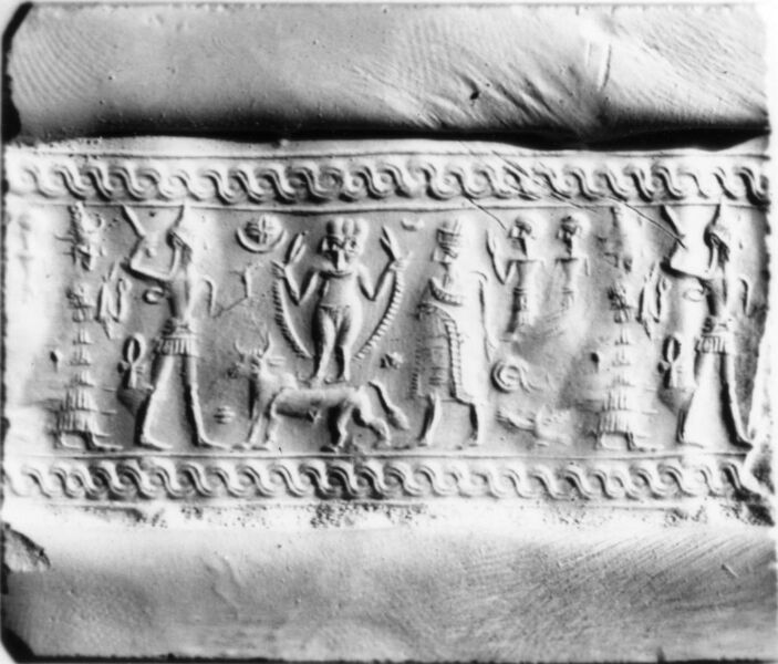 File:Syrian - Cylinder Seal with Worshippers before a Goddess - Walters 42450 - Impression.jpg