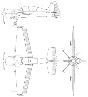 Yakovlev Yak-54 3-view line drawing.svg