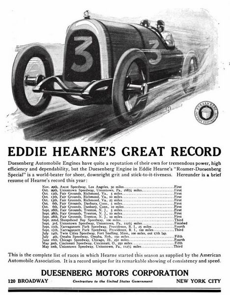 File:1918 Eddie Hearnes Roamer Duesenberg record ad.jpg