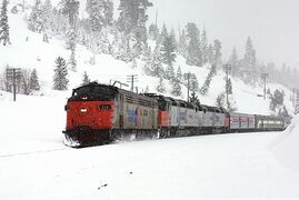 A passenger train with three diesel locomotives. All have black roofs and light gray sides with red-and-blue Amtrak logos