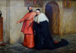 A bearded white Christian cleric in red argues towards an older pensive white Christian cleric in black.