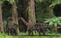 Painting of two Ohmdenosaurus individuals standing in front of a forest
