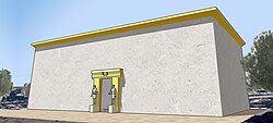 A 3D reconstruction of the Phoenician sanctuary of Kharayeb, featuring a building with two statues of men flanking the door.