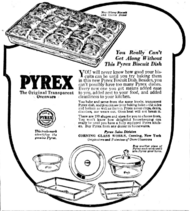 A black and white advert for Pyrex entitled "You Really Can't Get Along Without This Pyrex Biscuit Dish".