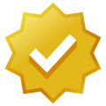 Gold-colored eight-lobed badge with checkmark icon