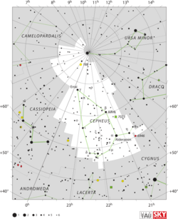 Diagram showing star positions and boundaries of the Cepheus constellation and its surroundings