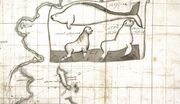 The Sea of Okhosk with the Kamchatka Peninsula to the left and Bering Island near the bottom. Above Bering Island and to the right of Russia are illustrations of Steller's sea cow and Steller's sea lion. For the sea cow, the body is oblong. On the left end is the head which is slightly smaller than the body, with a small eye with eyelids. Just behind the head on the underside is an arm that bends back towards the tail. The tail is drawn sideways like that of a fish to show the knotch, and the top half of the tail is shaded darker than the bottom half. For the sea lion, the back end of it is parallel to the ground, and the front end is perpendicular to the ground. The ears are thin and long. They have a thick neck, and a smashed-in face with the nose protruding. The front flipper is shaped like that of a dolphin, and drawn perpendicular to the ground, bending back towards the back-end. The back flipper is rectangular with four grooves parallel to each other on it.