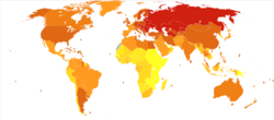 Ischaemic heart disease world map-Deaths per million persons-WHO2012.svg