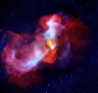 In X-ray image, blue appearing hot matter from cluster falls to M87 center and cools, thus fading in brightness. Jet (appearing orange in radio) hinders this infall and lifts the falling matter up.