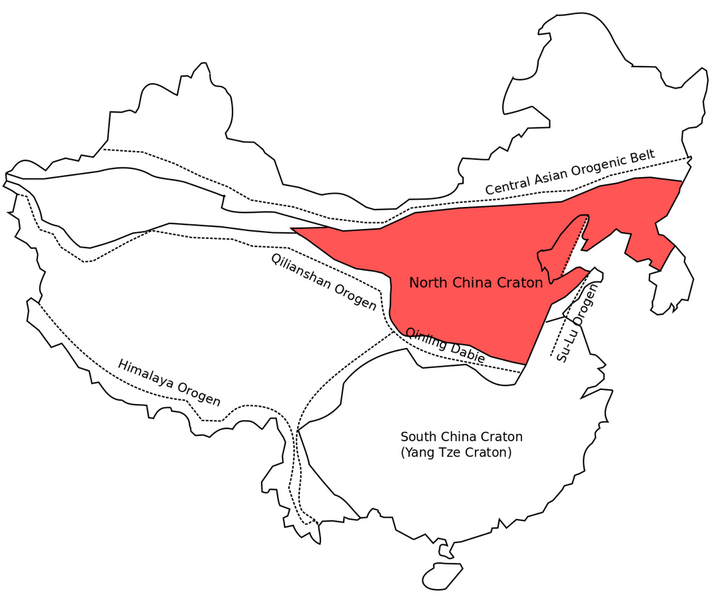 File:China, North Korea, and South Korea map with craton and tectonic elements final 3.png