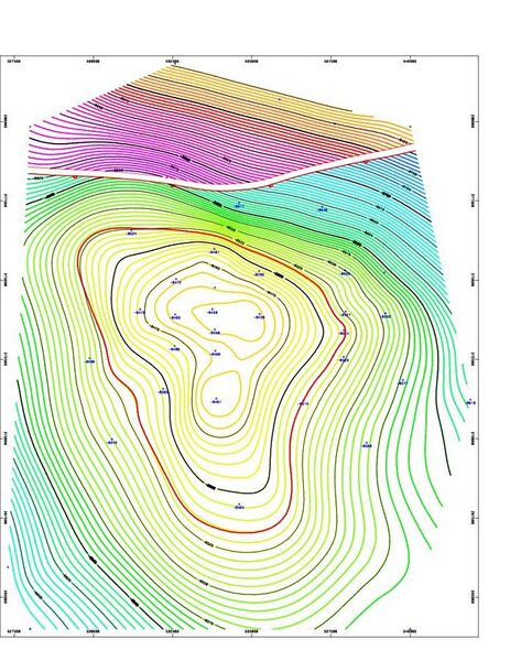 File:Contour map software screen snapshot of isopach map for 8500ft deep OIL reservoir with a Fault line.jpg