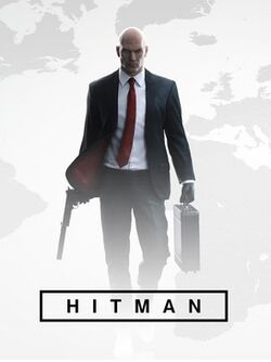 The cover shows Agent 47, a bald man in a suit carrying a pistol and a briefcase as he walks towards the viewer, with a grayscale map in the background