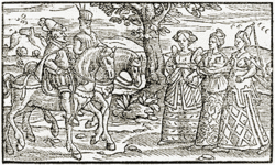 Two men on horseback meet three women. All are in Elizabethan dress.