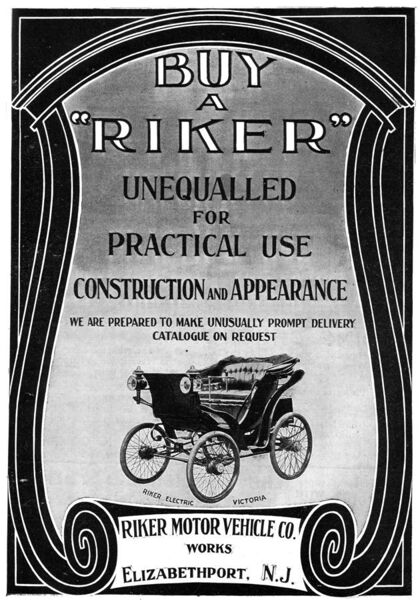 File:Riker Motor Vehicle Co. ad 1900.jpg