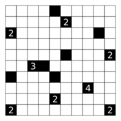 An eight-by-eight Shakashaka puzzle grid. Some of the spaces are pre-filled with black squares (some of which contain numbers); others are blank spaces to be filled with triangles.