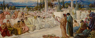 An oil painting of Sappho, accompanied by a lyre-player and an aulos-player, performing for a group of men and women.