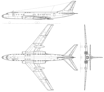 Tupolev Tu-104 3-view line drawing.svg