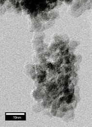 An image resembling a cluster of grape where the cluster consists of nearly spherical particles of 5 nm (2.0×10−7 in) diameter