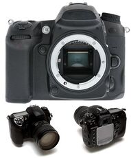 Neutral image of a digital camera, with a view of the image sensor (without lens), bottom with lens (left) and camera back (right).