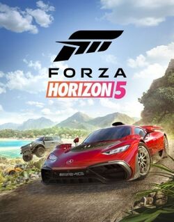 A black 'F'-shaped logo appears over black text that reads 'FORZA'. A parallelogram with a left-to-right orange-magenta gradient with 'HORIZON' in italic white text and a magenta '5' to the parallelogram's right appear underneath 'FORZA'. The logo and text are imposed over the sky above a Mexican coastline showing mountains and a coastal village in the background. The middleground and foreground shows three vehicles; a red Mercedes-AMG sportscar speeds through a dirt road in the foreground, while two Ford Bronco SUVs, one grey and one orange, drive off-road in the middleground, with the grey SUV airborne.